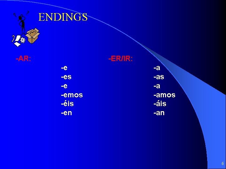 ENDINGS -AR: -ER/IR: -e -es -e -emos -éis -en -a -as -a -amos -áis