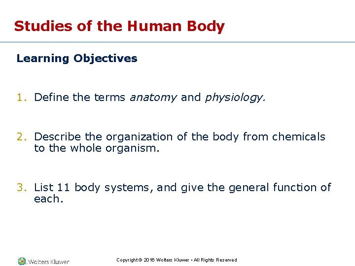 Studies of the Human Body Learning Objectives 1. Define the terms anatomy and physiology.
