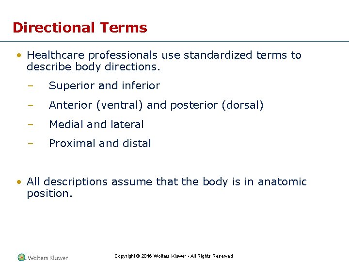 Directional Terms • Healthcare professionals use standardized terms to describe body directions. – Superior