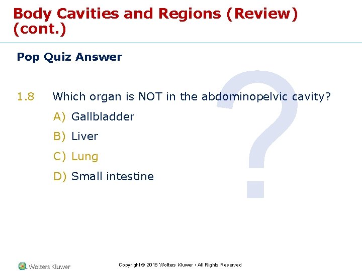 Body Cavities and Regions (Review) (cont. ) Pop Quiz Answer 1. 8 ? Which