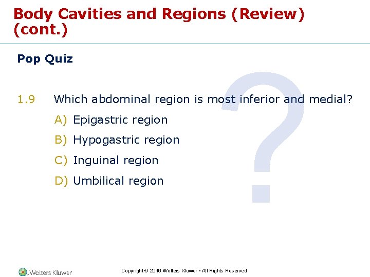 Body Cavities and Regions (Review) (cont. ) Pop Quiz 1. 9 ? Which abdominal