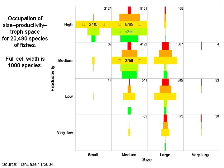 Occupation of size–productivity– troph-space for 20, 480 species of fishes. Full cell width is