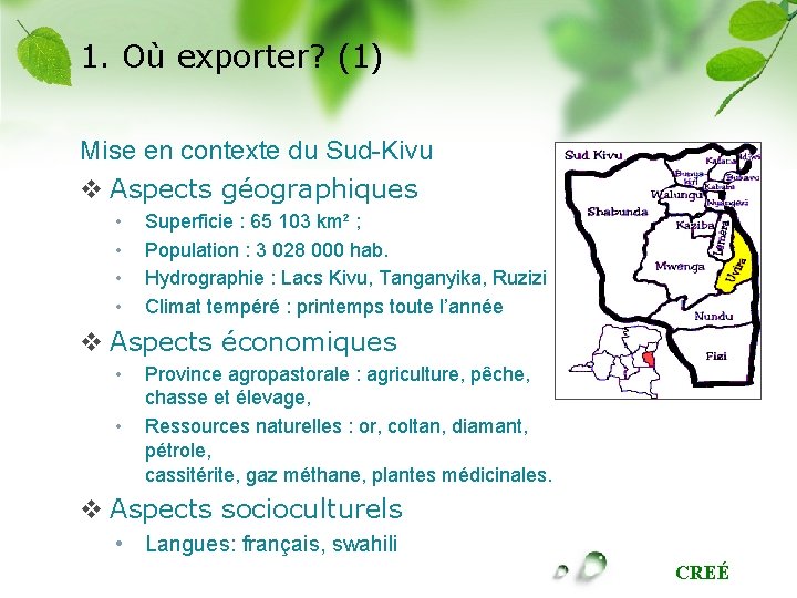 1. Où exporter? (1) Mise en contexte du Sud-Kivu v Aspects géographiques • •
