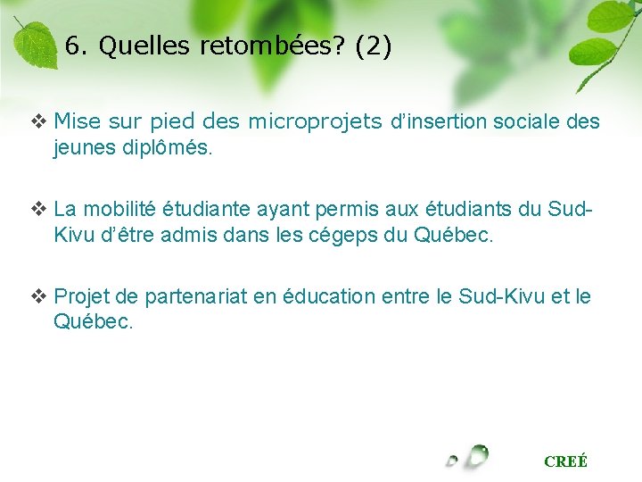 6. Quelles retombées? (2) v Mise sur pied des microprojets d’insertion sociale des jeunes