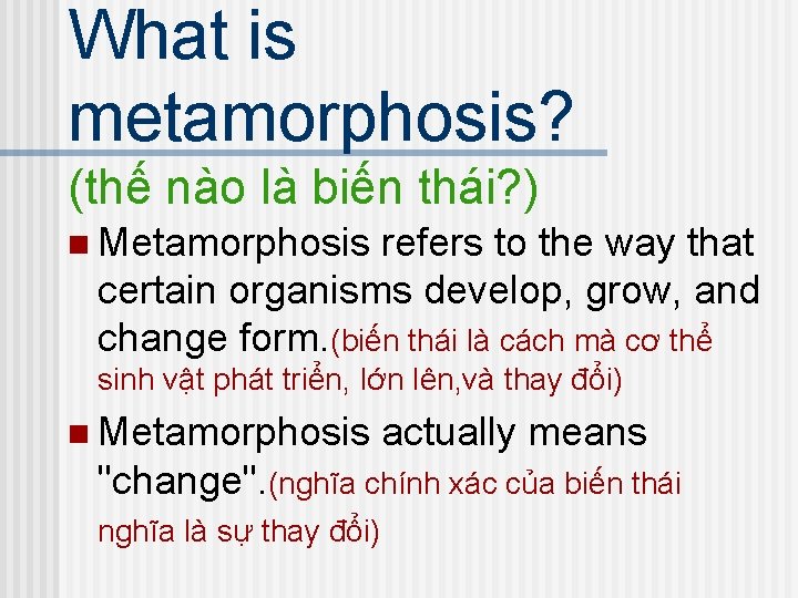 What is metamorphosis? (thế nào là biến thái? ) n Metamorphosis refers to the