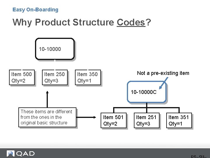Easy On-Boarding Why Product Structure Codes? 10 -10000 Item 500 Qty=2 Item 250 Qty=3
