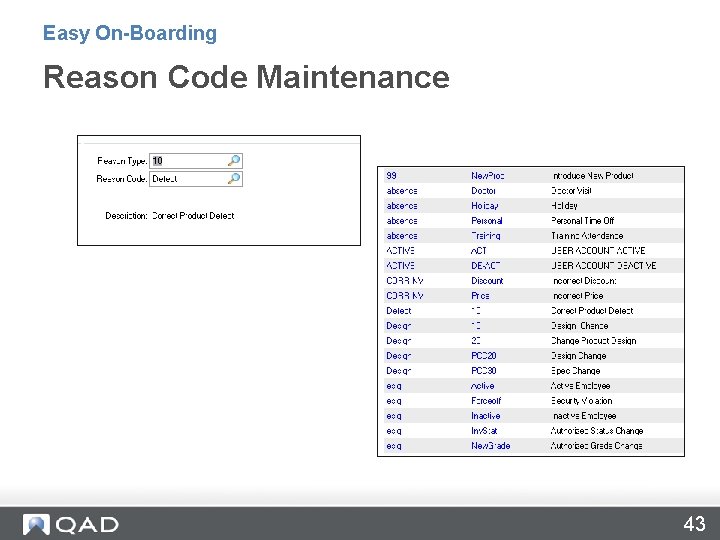Easy On-Boarding Reason Code Maintenance 43 