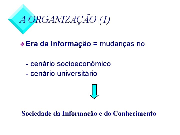 A ORGANIZAÇÃO (1) v Era da Informação = mudanças no - cenário socioeconômico -