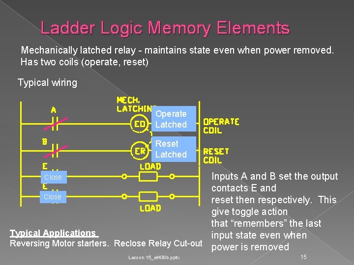Ladder Logic Memory Elements Mechanically latched relay - maintains state even when power removed.