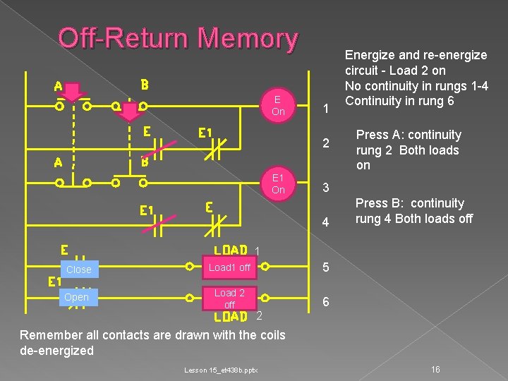 Off-Return Memory E On 1 2 E 1 On Energize and re-energize circuit -