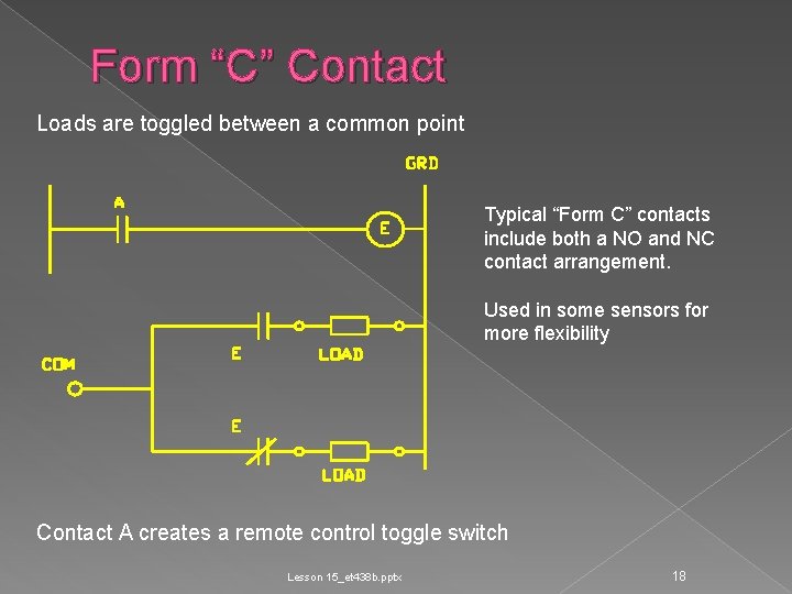 Form “C” Contact Loads are toggled between a common point Typical “Form C” contacts