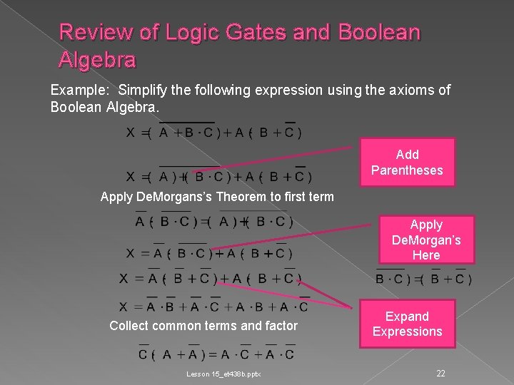 Review of Logic Gates and Boolean Algebra Example: Simplify the following expression using the