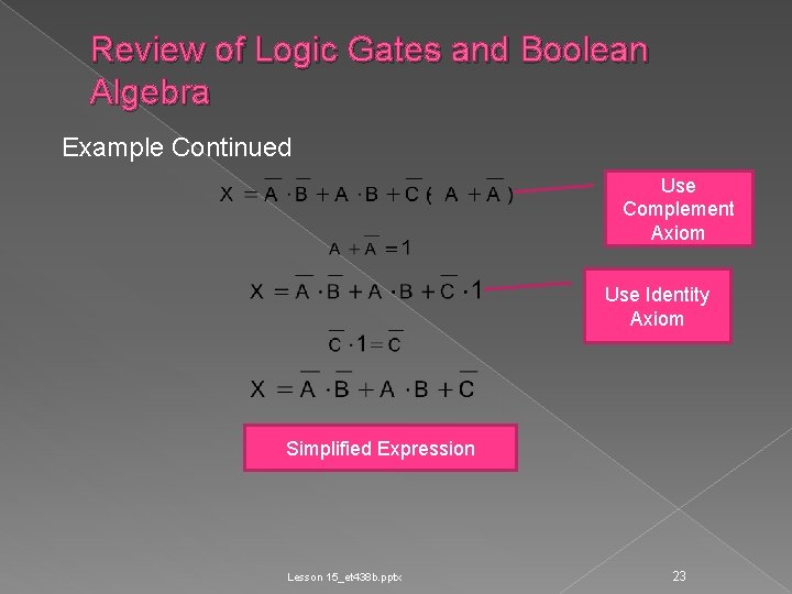 Review of Logic Gates and Boolean Algebra Example Continued Use Complement Axiom Use Identity