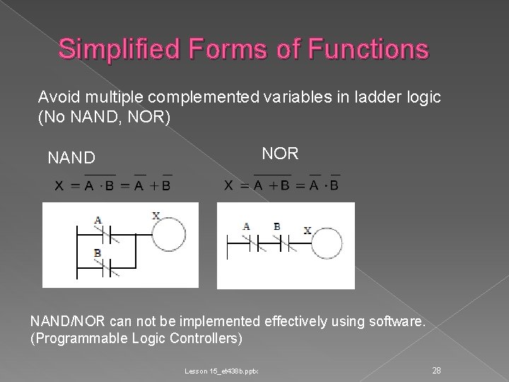 Simplified Forms of Functions Avoid multiple complemented variables in ladder logic (No NAND, NOR)