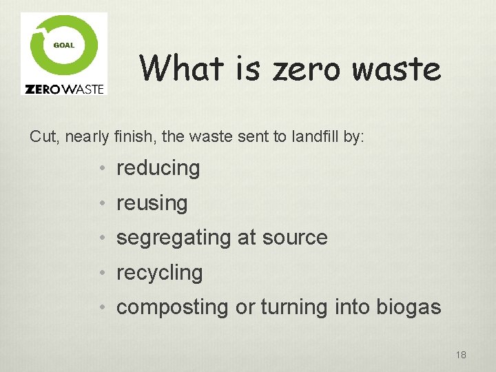 What is zero waste Cut, nearly finish, the waste sent to landfill by: •