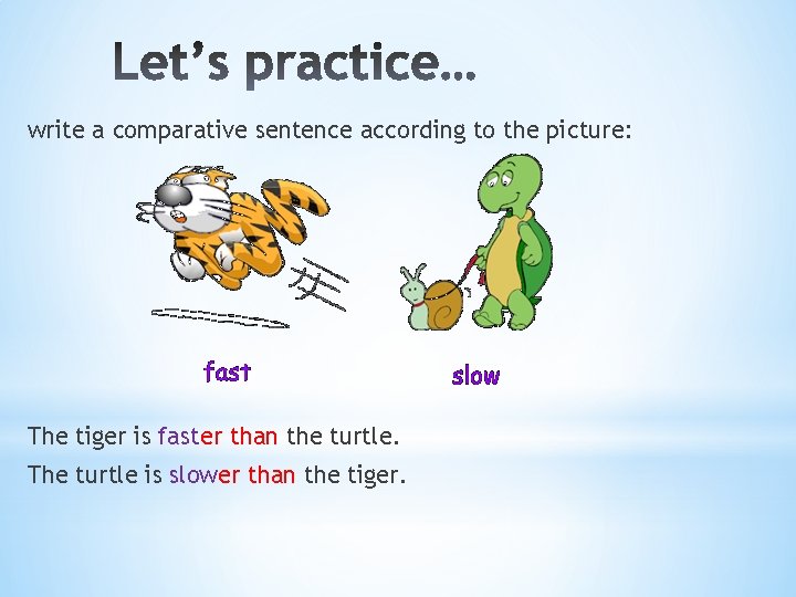 write a comparative sentence according to the picture: The tiger is faster than the