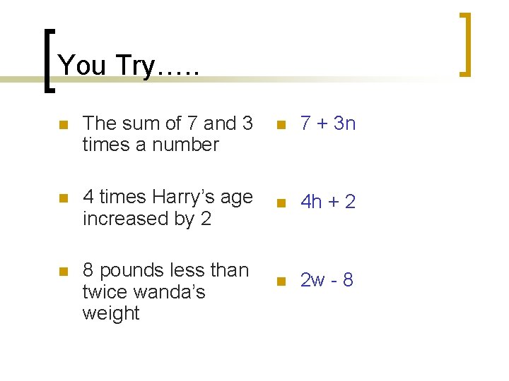 You Try…. . n The sum of 7 and 3 times a number n
