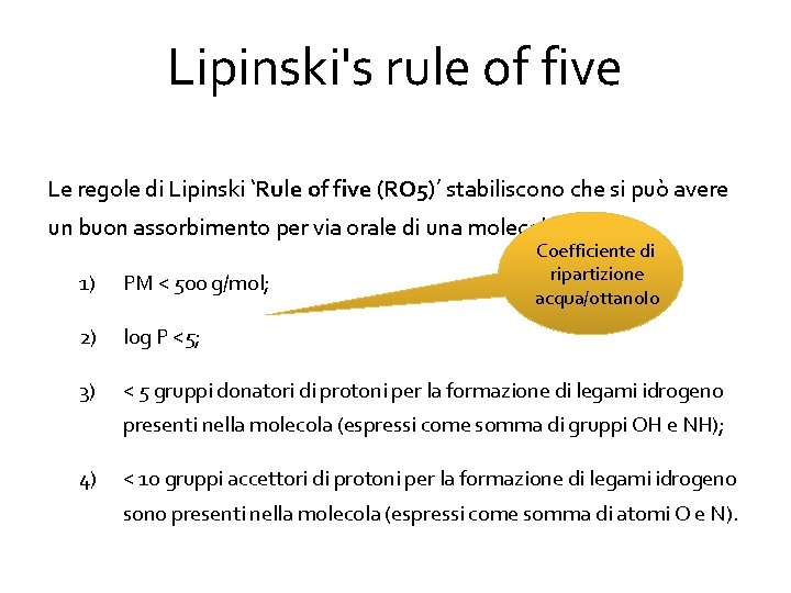 Lipinski's rule of five Le regole di Lipinski ‘Rule of five (RO 5)’ stabiliscono