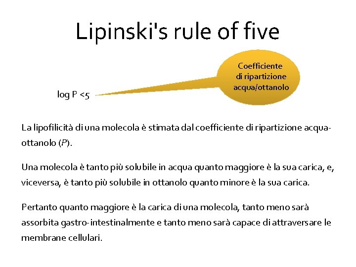 Lipinski's rule of five log P <5 Coefficiente di ripartizione acqua/ottanolo La lipofilicità di