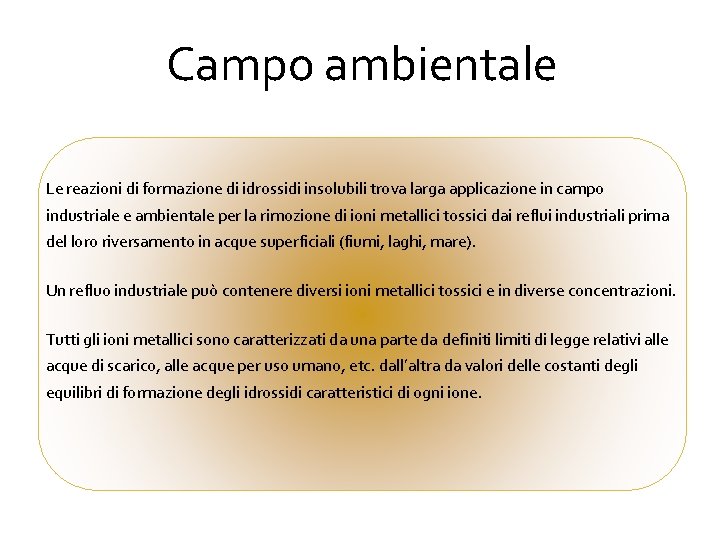 Campo ambientale Le reazioni di formazione di idrossidi insolubili trova larga applicazione in campo