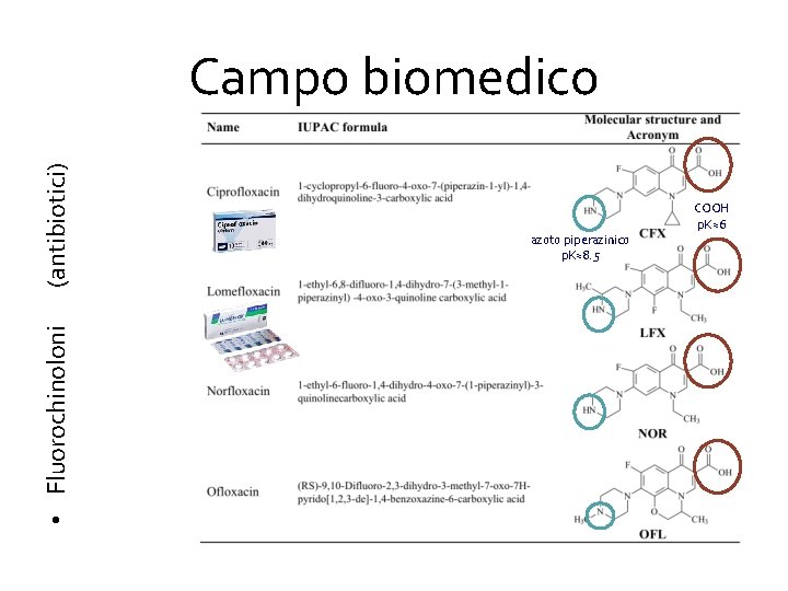  • Fluorochinoloni (antibiotici) Campo biomedico azoto piperazinico p. K≈8. 5 COOH p. K≈6