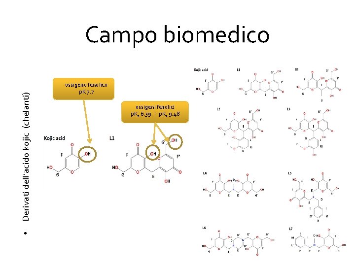  • Derivati dell’acido kojic (chelanti) Campo biomedico ossigeno fenolico p. K 7. 7