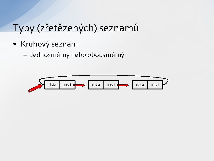 Typy (zřetězených) seznamů • Kruhový seznam – Jednosměrný nebo obousměrný data next 