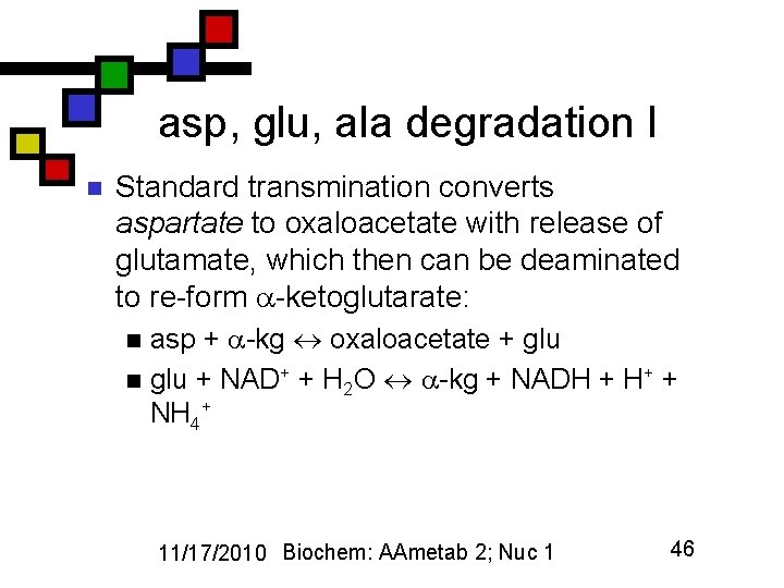 asp, glu, ala degradation I n Standard transmination converts aspartate to oxaloacetate with release