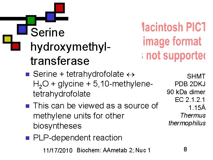 Serine hydroxymethyltransferase n n n Serine + tetrahydrofolate H 2 O + glycine +