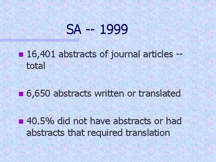 SA -- 1999 n 16, 401 abstracts of journal articles -total n 6, 650