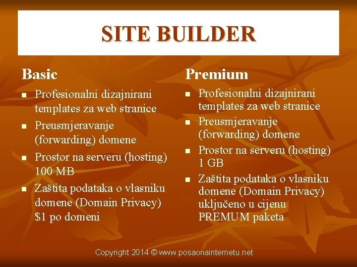 SITE BUILDER Basic n n Premium Profesionalni dizajnirani templates za web stranice Preusmjeravanje (forwarding)