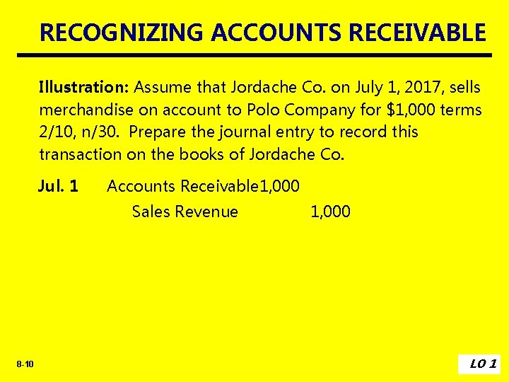RECOGNIZING ACCOUNTS RECEIVABLE Illustration: Assume that Jordache Co. on July 1, 2017, sells merchandise
