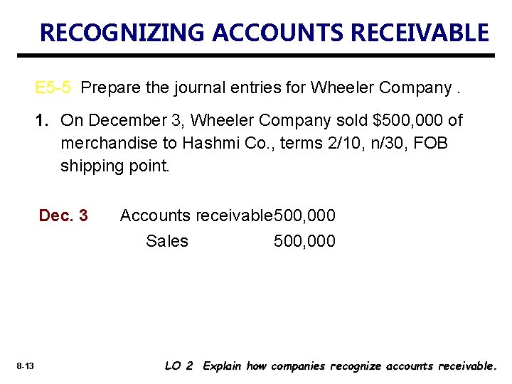 RECOGNIZING ACCOUNTS RECEIVABLE E 5 -5 Prepare the journal entries for Wheeler Company. 1.