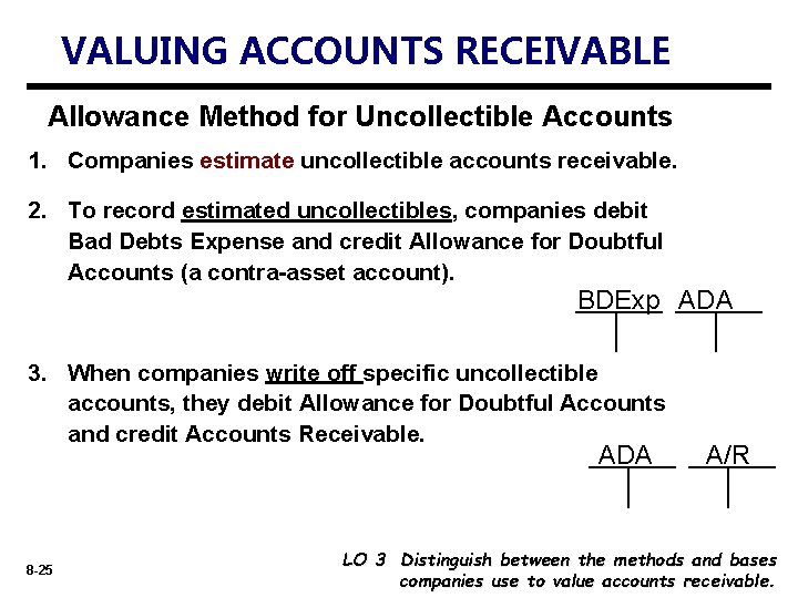 VALUING ACCOUNTS RECEIVABLE Allowance Method for Uncollectible Accounts 1. Companies estimate uncollectible accounts receivable.