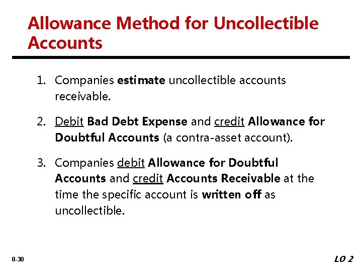 Allowance Method for Uncollectible Accounts 1. Companies estimate uncollectible accounts receivable. 2. Debit Bad