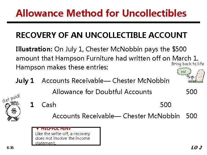Allowance Method for Uncollectibles RECOVERY OF AN UNCOLLECTIBLE ACCOUNT Illustration: On July 1, Chester