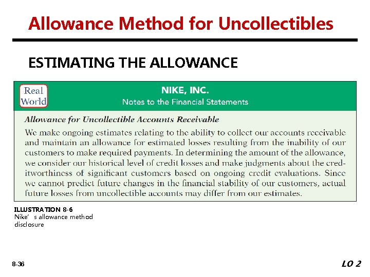 Allowance Method for Uncollectibles ESTIMATING THE ALLOWANCE ILLUSTRATION 8 -6 Nike’s allowance method disclosure