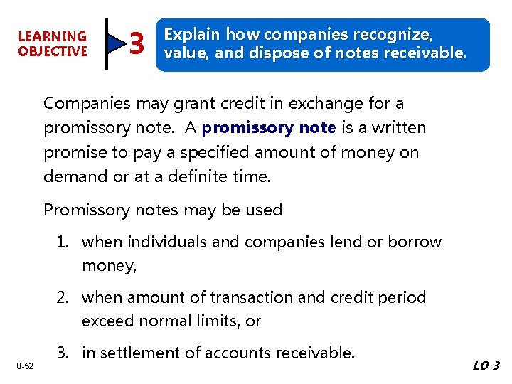 LEARNING OBJECTIVE 3 Explain how companies recognize, value, and dispose of notes receivable. Companies