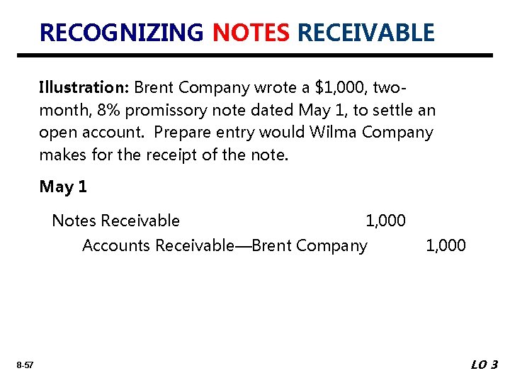 RECOGNIZING NOTES RECEIVABLE Illustration: Brent Company wrote a $1, 000, twomonth, 8% promissory note