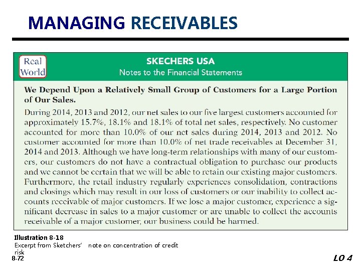 MANAGING RECEIVABLES Illustration 8 -18 Excerpt from Sketchers’ note on concentration of credit risk