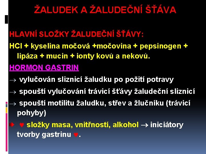 ŽALUDEK A ŽALUDEČNÍ ŠŤÁVA HLAVNÍ SLOŽKY ŽALUDEČNÍ ŠŤÁVY: HCl + kyselina močová +močovina +