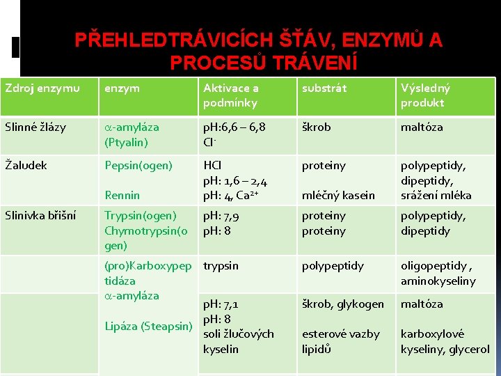 PŘEHLEDTRÁVICÍCH ŠŤÁV, ENZYMŮ A PROCESŮ TRÁVENÍ Zdroj enzymu enzym Aktivace a podmínky substrát Výsledný