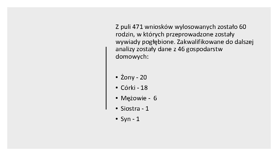 Z puli 471 wniosków wylosowanych zostało 60 rodzin, w których przeprowadzone zostały wywiady pogłębione.