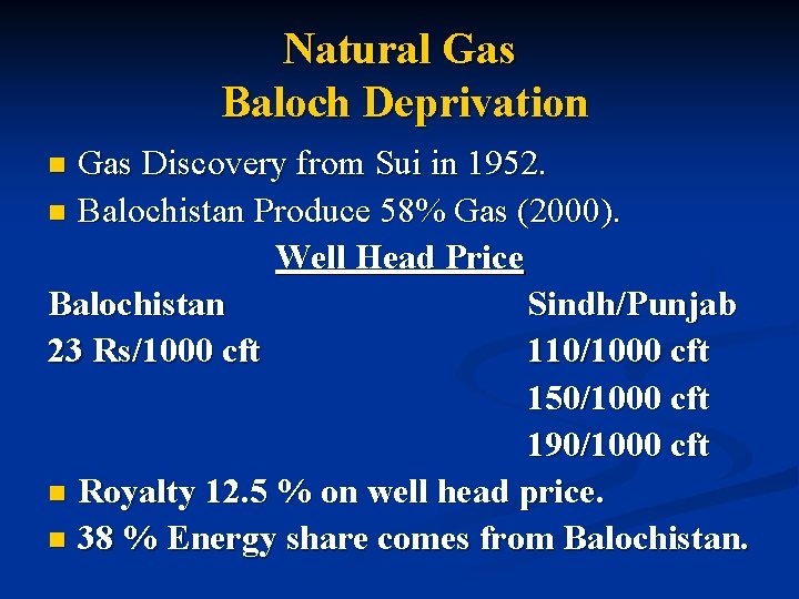 Natural Gas Baloch Deprivation Gas Discovery from Sui in 1952. n Balochistan Produce 58%