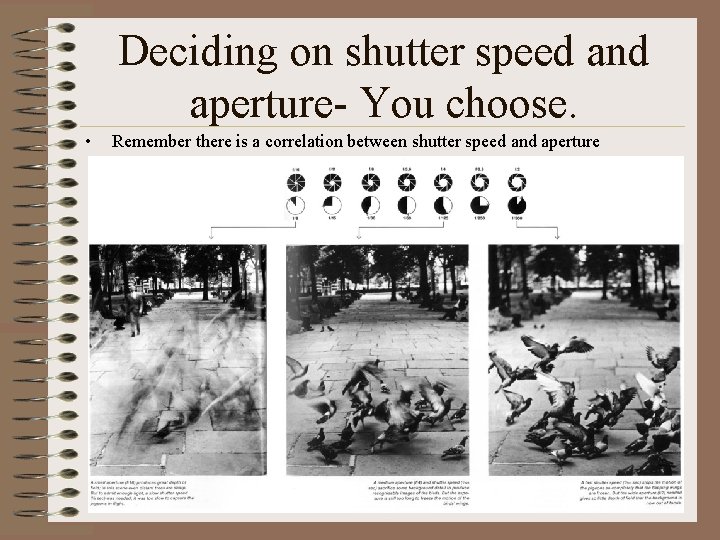 Deciding on shutter speed and aperture- You choose. • Remember there is a correlation