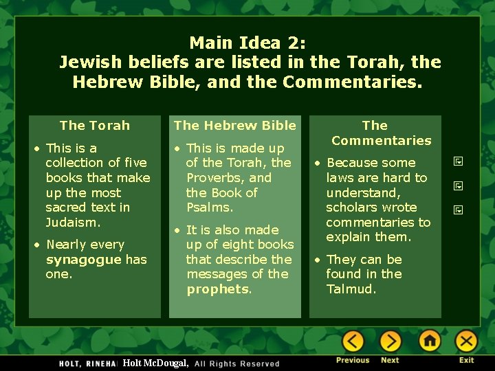 Main Idea 2: Jewish beliefs are listed in the Torah, the Hebrew Bible, and