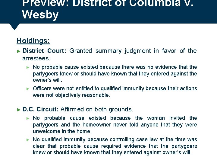 Preview: District of Columbia v. Wesby Holdings: ► District Court: Granted summary judgment in