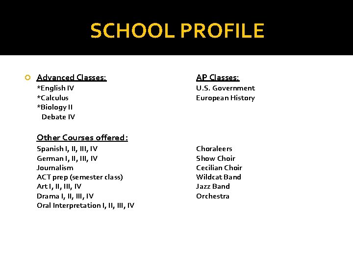 SCHOOL PROFILE Advanced Classes: AP Classes: *English IV *Calculus *Biology II Debate IV U.