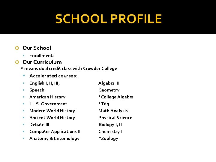 SCHOOL PROFILE Our School Enrollment: Our Curriculum * means dual credit class with Crowder