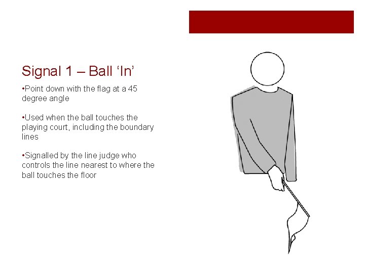 Signal 1 – Ball ‘In’ • Point down with the flag at a 45